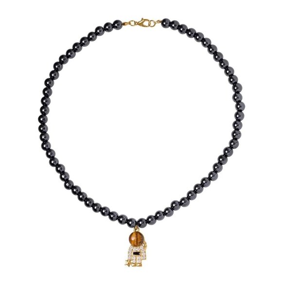 New, Yellow Tigers-eye and Simulated-Diamond Spaceman Pendent, 20 Inches - Picture 4 of 9